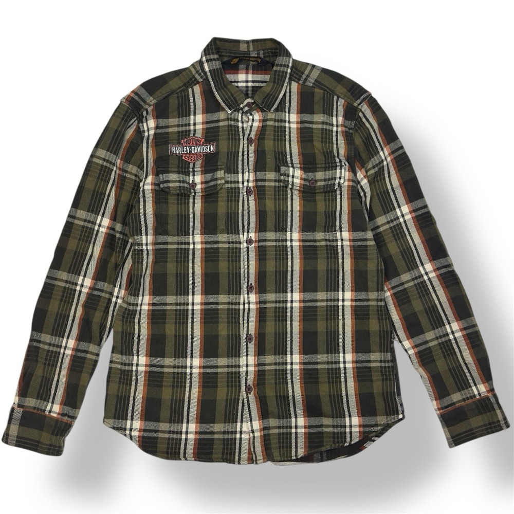 Harley Davidson Flannel Shirt Jacket Mens Size L‎ Heavyweight Plaid Embroidered